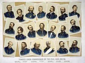 Beroemde uniecommandanten van de burgeroorlog 1861 - 65. Gravure ca. 1884.