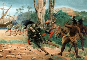 Fernand de Magellan stierf (circa 1480-1521), Portugese navigator, gedood op het eiland Mactan (Filipijnen) op 27 april 1521. na hombres y Mujeres celebres. Barcelona 1877.