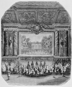 Feest van Lodewijk XIV, door de hertog van Saint Aignan (Komedie in muziek, gespeeld in het park van Versailles) Gravure door Unknown artist