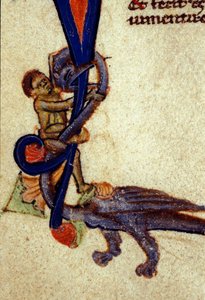 Gevecht tussen een draak en een man (detail van een 14e-eeuwse miniatuur)