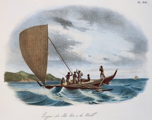 Fijische zeilkano, kleuren gravure door Unknown artist