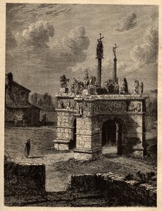 Finistère - Bretagne - Het calvarie van Pleyben - Parochieomheining van Pleyben - gravure in 