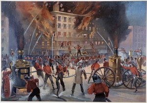 Brand en brandweerlieden in New York door Unknown artist