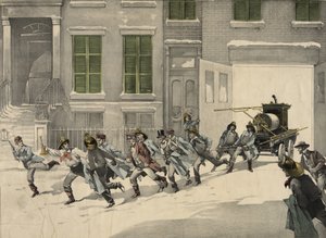 Brandweerlieden vertrekken naar noodoproepen op de brandplaats, aquarel van 1895. VS