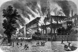 Brand van de Rekenkamer en het Legioen van Eer op 23 maart 1871 tijdens de Commune in Parijs. Gravure uit de 19e eeuw