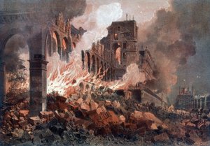 Brand van het Ministerie van Financiën (destijds in de Tuilerieën) op 24 mei 1871 - lithografie, eind 19e eeuw