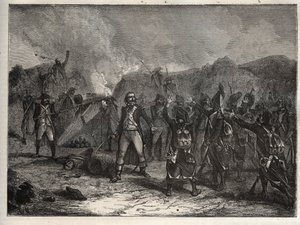 Eerste coalitie: Kolonel Antoine Guillaume (Antoine-Guillaume) Rampon (1759-1842) bij de Slag bij Montenotte op 12 april 1796, tijdens de Italiaanse campagne die de Franse troepen van Napoleon Bonaparte tegenover de Oostenrijkse en Sardijnse legers stelde