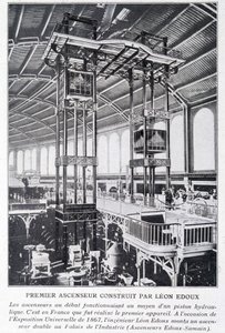 Eerste lift gebouwd door Léon Edoux op de universele tentoonstelling van 1867 door Unknown artist