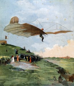 Eerste zweefvlucht van Otto Lilienthal (1848-1896), een Duitse ingenieur, op zijn vliegtuig in 1894