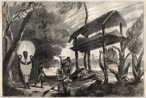 Eerste reis (1768-1771) van Kapitein James Cook (1728-1779): een fia-toka (fia toka), begraafgebouw van Tahiti - illustratie uit 