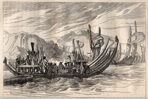 Eerste reis (1768-1771) van kapitein James Cook (1728-1779): de Tahiti vloot verzameld in Oparee - illustratie uit De Grote Zeevaarders van de 18e eeuw