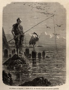 Visser van Yedo Bay (of Edo, het huidige Tokio), gegrepen door een adelaar, een lage maree, de boten leggen de vissers op blokken steen die droog in de baai zijn gelegd, de laatsten blijven rechtop, onbeweeglijk en vissen met de haak van de vis die ze in e door Unknown artist