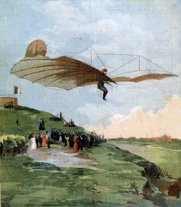 Vlucht van Otto Lilienthal (1848 - 1896), pionier van het zweefvliegen. 1894.
