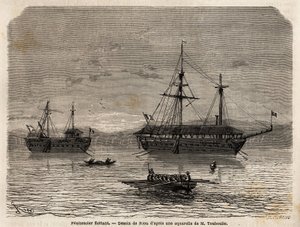 Drijvende gevangenissen van Frans-Guyana, een kolonie gewijd aan de gevangenschap van degenen die de rechtbanken overnamen en de mannen die moesten blijven. Gravure ter illustratie van de reis in Frans-Guyana in 1862-1863, door Frederic Bouyer, fregatkapit