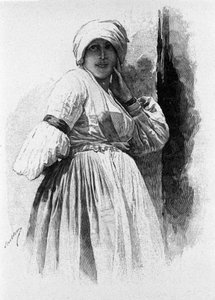 Folklore: vrouw in traditionele klederdracht van Piana degli Albanesi. Sicilië Gravure uit de 19e eeuw door Unknown artist