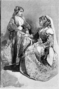 Folklore: vrouwen gekleed in traditionele trouwkostuums, Sicilië. Gravure uit de 19e eeuw