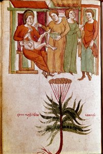Vier vrouwen zorgen voor een kind, kinderopvang. (miniatuur, begin 13e eeuw) door Unknown artist