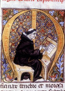 Fra Pietro di Pavia (Frere Pierre de Pavia), een kopiist aan het werk. 14e-eeuws manuscript.