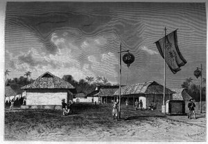 Frankrijk in Indochina: Frans militair post binnen de citadel van Hue, hoofdstad van Indochina. Gravure in 