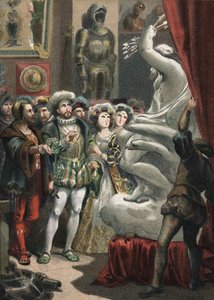 Francois I (1494-1547), Koning van Frankrijk, bij de Italiaanse beeldhouwer Benvenuto Cellini (1500-1571) gravure van 1881 in 