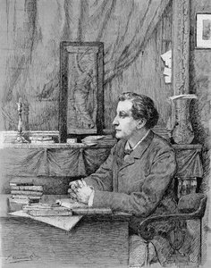 François Coppée (1842-1908), Franse dichter en toneelschrijver. Tekening door M.F. Desmoulins. 1885