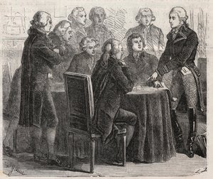 Franse Revolutie: Graaf Louis Marie de Narbonne-Lara toont zijn plannen in de commissies van de vergadering - Gravure in 