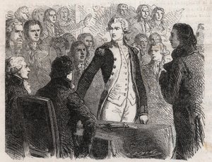 Franse Revolutie: Generaal Gilbert du Motier de La Fayette (1757-1834) neemt ontslag als commandant van de Nationale Garde - Gravure in 