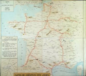 Franse geografische kaart met luchttelegraaflijnen. Begin van de 19e eeuw