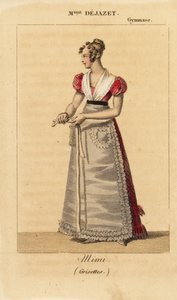 Franse sopraan Mlle Virginie Dejazet als Mimi in de eenakter vaudeville Grisettes door Scribe en Dupin in het Gymnase-Dramatique