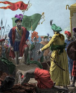 Van Vasco de Gama (1469-1524, Portugese ontdekkingsreiziger) naar Calicut (het huidige Kozhikode) in India in 1498. Gravure 1817 door Unknown artist