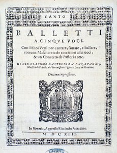 Frontispice van Balletti voor vijf stemmen door Giovanni Giacomo Gastoldi