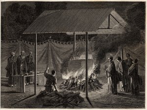 Begrafenisceremonies: rituele verbranding. Gravure ter illustratie van de reis naar Japan in 1863-1864, door Aime Humbert, minister van de Zwitserse Confederatie, in 