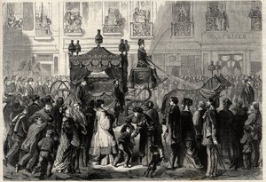Begrafenisstoet tijdens de uitvaart van Gioacchino Rossini (1799-1868) in Parijs. Gravure in 