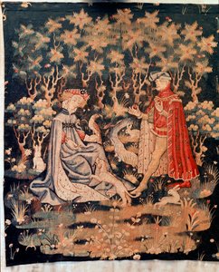 Galante scène, het geschenk van het hart (tapijt, ca. 1400-1410) door Unknown artist
