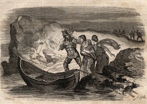 Gallische Oorlogen, 58-51 v.Chr. Romeinse overwinning op de Germaanse stammen onder Ariovistus - Ariovistus gedwongen de Rijn over te steken - gravure in 
