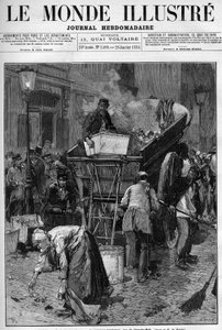 Vuilnisbak, de nieuwe vrachtwagen rue du Cherche Midi (Cherche-Midi) in Parijs. Mannen en vrouwen die afval oprapen op een straat in Parijs om het in een kar te doen, waardoor het leven wordt schoongemaakt. Gravure in 