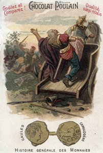 Galliërs Aulerque: Slag bij Lutetia tussen Camulogene en Labienus in 53 v.Chr. In Algemene Geschiedenis van Munten. Chocolade-foal chromolithografie uit het einde van de 19e eeuw. Privécollectie.