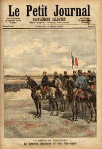 Generaal Felix Gustave Saussier en zijn staf inspecteren de troepen in Vincennes. Gravure in 