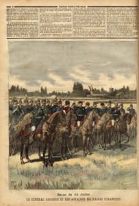 Generaal Felix Gustave (Felix-Gustave) Saussier (1828-1905), militair gouverneur van Parijs sinds 1884, omringd door buitenlandse militaire banden, inspecteerde de troepen tijdens de parade op 14 juli 1891 in de vlakte van het Bois de Boulogne. Gravure in  door Unknown artist