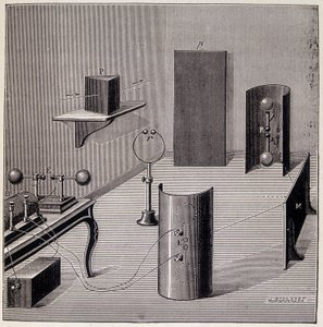 Algemene opzet van de experimenten van Heinrich Hertz (1857-1894) over elektrische golven - in "Populaire natuurkunde" door Emile Desbeaux, Flammarion