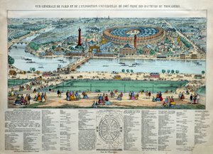 Algemeen overzicht van de Wereldtentoonstelling van 1867 in Parijs. Onderaan: het park van de militaire school van de Champ de Mars. Gravure Parijs, Musee Carnavalet door Unknown artist