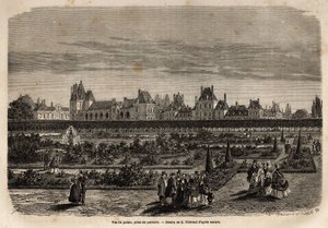 Algemeen overzicht van het paleis en de tuinen van Fontainebleau, genomen vanaf de vloer. Gravure ter illustratie van een beschrijving van het kasteel en het bos van Fontainebleau, in 1867, door M. Pays, in 
