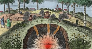 Geologie: doorsnede van de aardkorst die de uitbarsting van vuur uit de aarde verklaart. Gravure uit 