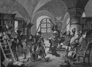 Duitse Boerenoorlog (1524-1526): Drukte van boeren in Roggenburg, Beieren, Duitsland