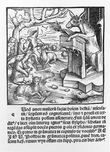Duitse incunabel die een ezel toont die een klas bosdieren lesgeeft. 1490.