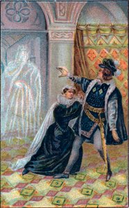 Gertrude, Hamlet en de geest van Hamlets vader. In 