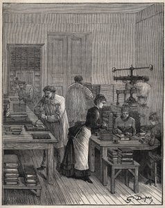 Vergulden van boeken (omslagen) in ijzer in een werkplaats in Frankrijk in de 19e eeuw. Gravure uit 1885 in “Les arts et métiers illustrés” door Adolphe BITARD door Unknown artist