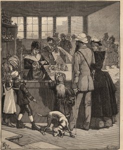 Glaskunst: toeristen kopen een parel geblazen in een glasfabriek in Venetië, Italië. Gravure uit 1885 in 