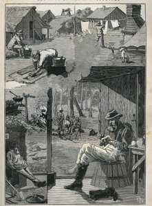 Goudzoekers in Australië: tafereel uit het dagelijks leven van mijnwerkers tijdens hun rustdagen (schoonmaken en drogen van linnen, sokken, enz.). Gravure uit 1885 in 