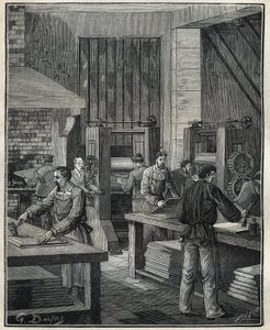 Goudsmid: voorbereiding van de plaat, voorbereiding van het metaal voor de uitvoering van een speciaal zilverwerk. Gravure uit 1885 in 
